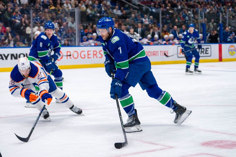 Oct 4, 2024; Vancouver, British Columbia, CAN; Edmonton Oilers forward Connor Brown (28) defends against Vancouver Canucks defenseman Carson Soucy (7) during the first period at Rogers Arena. Mandatory Credit: Bob Frid-Imagn Images