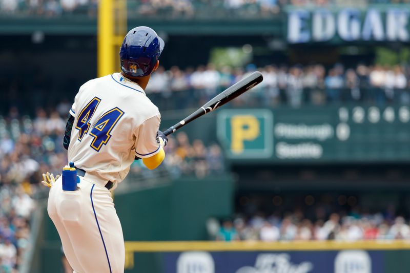 May 28, 2023; Seattle, Washington, USA; Seattle Mariners center fielder Julio Rodriguez (44) hits a solo-home run against the Pittsburgh Pirates during the first inning at T-Mobile Park. Mandatory Credit: Joe Nicholson-USA TODAY Sports