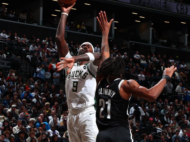 BROOKLYN, NY - OCTOBER 27: Bobby Portis #9 of the Milwaukee Bucks drives to the basket during the game against the Brooklyn Nets on October 27, 2024 at Barclays Center in Brooklyn, New York. NOTE TO USER: User expressly acknowledges and agrees that, by downloading and or using this Photograph, user is consenting to the terms and conditions of the Getty Images License Agreement. Mandatory Copyright Notice: Copyright 2024 NBAE (Photo by David L. Nemec/NBAE via Getty Images)