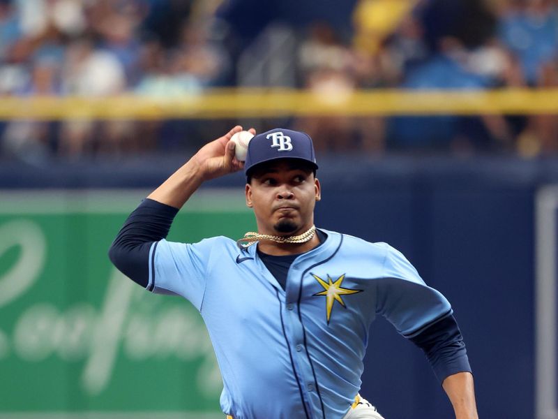 Jul 31, 2024; St. Petersburg, Florida, USA;  Tampa Bay Rays pitcher Edwin Uceta (63) throws against the Miami Marlins during the sixth inning at Tropicana Field. Mandatory Credit: Kim Klement Neitzel-USA TODAY Sports