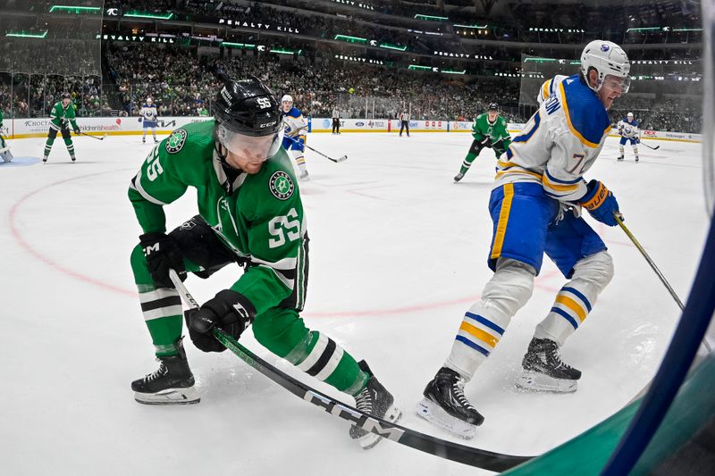 Apr 9, 2024; Dallas, Texas, USA; Dallas Stars defenseman Thomas Harley (55) and Buffalo Sabres center Tage Thompson (72) look for the puck in the Stars zone during the third period at the American Airlines Center. Mandatory Credit: Jerome Miron-USA TODAY Sports