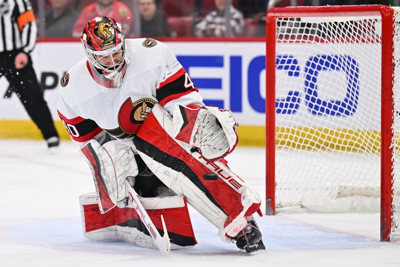 Mar 6, 2023; Chicago, Illinois, USA;  Ottawa Senators goaltender Mads Sogaard (40) makes a save on a Chicago Blackhawks shot in the second period at United Center. Mandatory Credit: Jamie Sabau-USA TODAY Sports