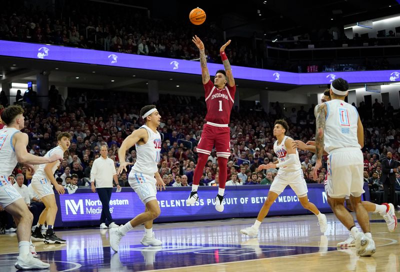 Feb 15, 2023; Evanston, Illinois, USA; Indiana Hoosiers guard Jalen Hood-Schifino (1) shoots the ball against the Northwestern Wildcats during the first half at Welsh-Ryan Arena. Mandatory Credit: David Banks-USA TODAY Sports