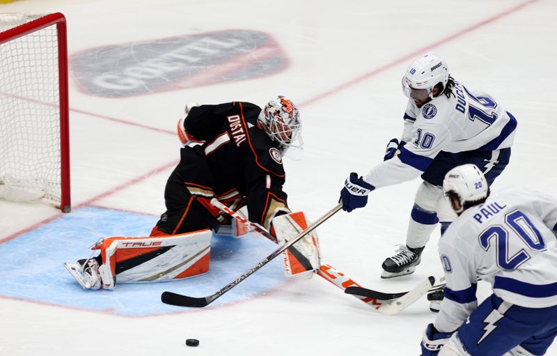 Mar 24, 2024; Anaheim, California, USA; Anaheim Ducks goaltender Lukas Dostal (1) defends against Tampa Bay Lightning left wing Anthony Duclair (10) during the third period at Honda Center. Mandatory Credit: Jason Parkhurst-USA TODAY Sports