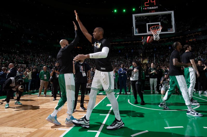 BOSTON, MA - JUNE 6: Al Horford #42 of the Boston Celtics is introduced before the game against the Dallas Mavericks during Game 1 of the 2024 NBA Finals on June 6, 2024 at the TD Garden in Boston, Massachusetts. NOTE TO USER: User expressly acknowledges and agrees that, by downloading and or using this photograph, User is consenting to the terms and conditions of the Getty Images License Agreement. Mandatory Copyright Notice: Copyright 2024 NBAE  (Photo by Nathaniel S. Butler/NBAE via Getty Images)
