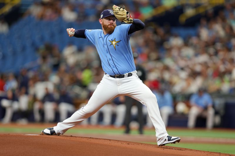 Aug 27, 2023; St. Petersburg, Florida, USA;  Tampa Bay Rays pitcher Zack Littell (52) throws a pitch against the New York Yankees in the first inning at Tropicana Field. Mandatory Credit: Nathan Ray Seebeck-USA TODAY Sports