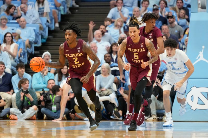 Dec 2, 2023; Chapel Hill, North Carolina, USA;  Florida State Seminoles forward Jamir Watkins (2)with the ball in the first half at Dean E. Smith Center. Mandatory Credit: Bob Donnan-USA TODAY Sports