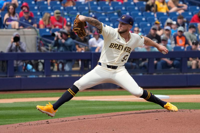 Mar 18, 2024; Phoenix, Arizona, USA; Milwaukee Brewers relief pitcher DL Hall (37) throws against the Los Angeles Angels in the first inning at American Family Fields of Phoenix. Mandatory Credit: Rick Scuteri-USA TODAY Sports