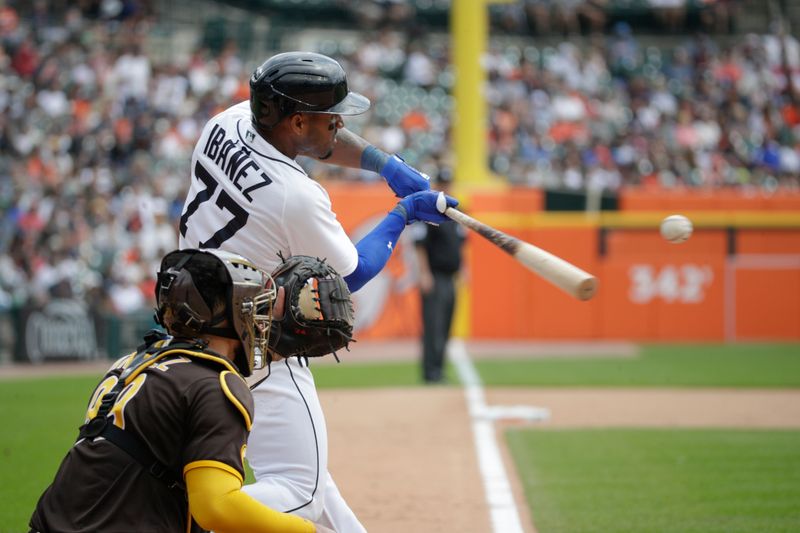 Jul 23, 2023; Detroit, Michigan, USA; Detroit Tigers infielder Andy Ib    ez (77) bats during the seventh inning at Comerica Park. Mandatory Credit: Brian Bradshaw Sevald-USA TODAY Sports