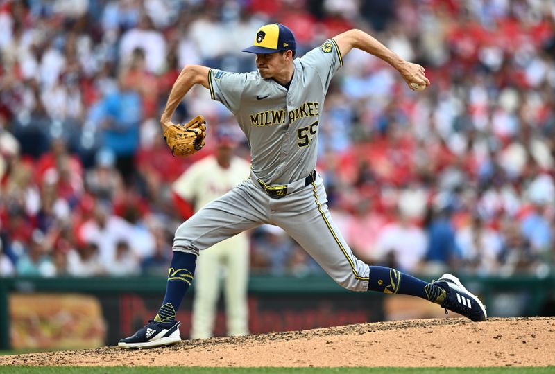 Jun 5, 2024; Philadelphia, Pennsylvania, USA; Milwaukee Brewers relief pitcher Hoby Milner (55) throws a pitch against the Philadelphia Phillies in the seventh inning at Citizens Bank Park. Mandatory Credit: Kyle Ross-USA TODAY Sports