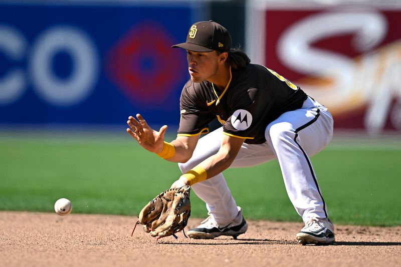 Mar 26, 2024; San Diego, California, USA; San Diego Padres second baseman Nik McClaughry (84) fields a ground ball during the seventh inning against the Seattle Mariners at Petco Park. Mandatory Credit: Orlando Ramirez-USA TODAY Sports