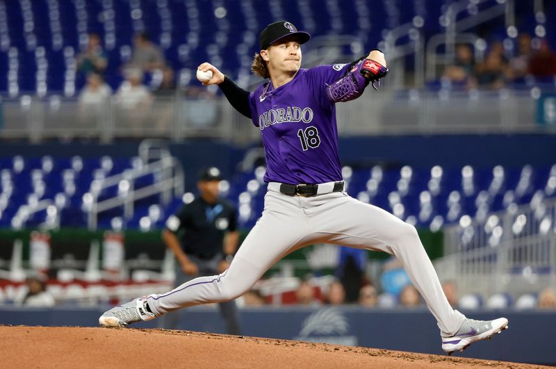 Apr 30, 2024; Miami, Florida, USA;  Colorado Rockies pitcher Ryan Feltner (18) delivers a pitch against the Miami Marlins in the first inning at loanDepot Park. Mandatory Credit: Rhona Wise-USA TODAY Sports