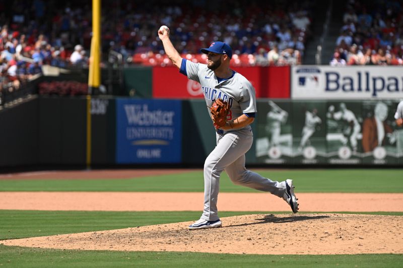 Jul 13, 2024; St. Louis, Missouri, USA; Chicago Cubs third baseman David Bote (13) pitches against the St. Louis Cardinals during the eighth inning at Busch Stadium. Mandatory Credit: Jeff Le-USA TODAY Sports