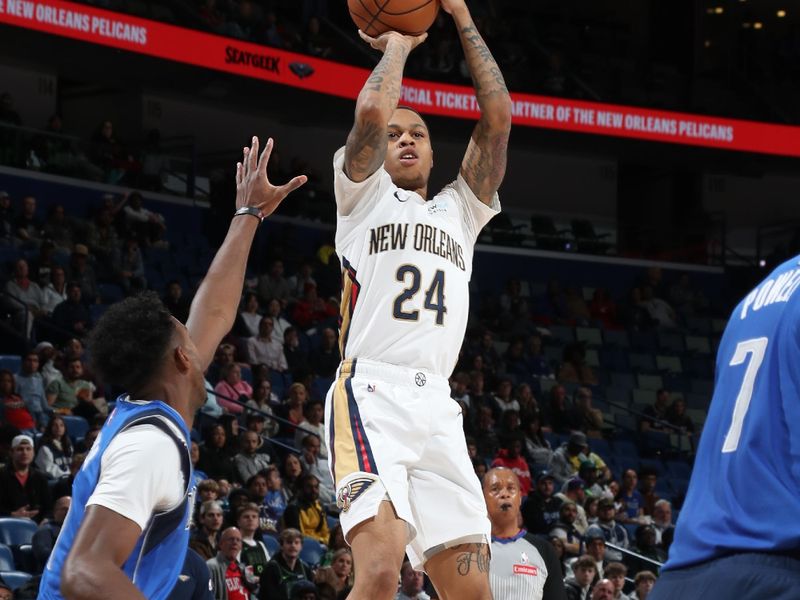 NEW ORLEANS, LA - JANUARY 15:  Jordan Hawkins #24 of the New Orleans Pelicans shoots the ball during the game against the Dallas Mavericks on January 15, 2025 at the Smoothie King Center in New Orleans, Louisiana. NOTE TO USER: User expressly acknowledges and agrees that, by downloading and or using this Photograph, user is consenting to the terms and conditions of the Getty Images License Agreement. Mandatory Copyright Notice: Copyright 2025 NBAE (Photo by Layne Murdoch Jr./NBAE via Getty Images)