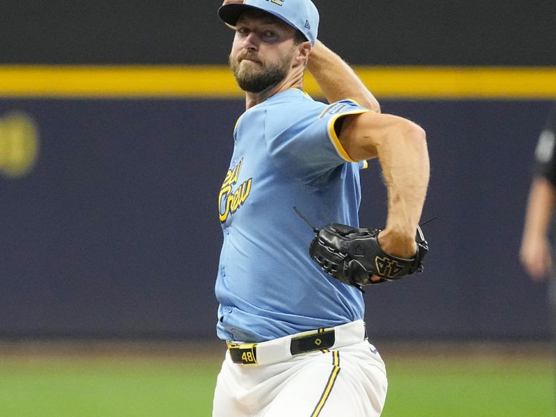 Jun 28, 2024; Milwaukee, Wisconsin, USA;  Milwaukee Brewers pitcher Colin Rea (48) throws a pitch during the first inning against the Chicago Cubs at American Family Field. Mandatory Credit: Jeff Hanisch-USA TODAY Sports