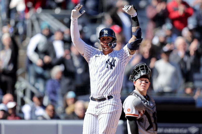 Mar 30, 2023; Bronx, New York, USA; New York Yankees designated hitter Gleyber Torres (25) celebrates his two run home run against the San Francisco Giants during the fourth inning at Yankee Stadium. Mandatory Credit: Brad Penner-USA TODAY Sports