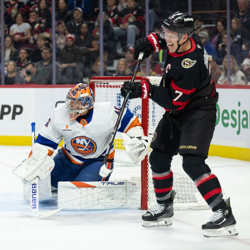 Nov 7, 2024; Ottawa, Ontario, CAN; New York Islanders goalie Semyon Varlamov (40) follows the puck as Ottawa Senators right wing Brady Tkachuk (7) set up for a deflection in the first period at the Canadian Tire Centre. Mandatory Credit: Marc DesRosiers-Imagn Images