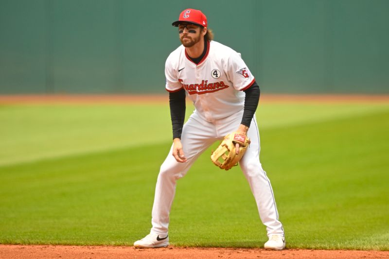 Jun 1, 2025; Cleveland, Ohio, USA; Cleveland Guardians second baseman Daniel Schneemann (10) stands on the field in the third inning against the Los Angeles Angels at Progressive Field. Mandatory Credit: David Richard-Imagn Images