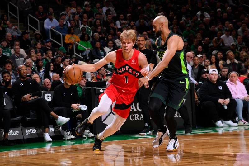 BOSTON, MA - NOVEMBER 16: Gradey Dick #1 of the Toronto Raptors dribbles the ball during the game against the Boston Celtics on November 16, 2024 at TD Garden in Boston, Massachusetts. NOTE TO USER: User expressly acknowledges and agrees that, by downloading and/or using this Photograph, user is consenting to the terms and conditions of the Getty Images License Agreement. Mandatory Copyright Notice: Copyright 2024 NBAE (Photo by Brian Babineau/NBAE via Getty Images)