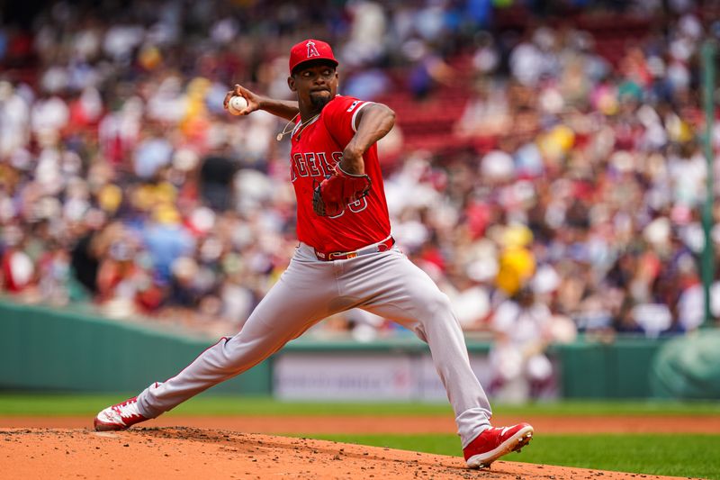 Jun 4, 2025; Boston, Massachusetts, USA; Los Angeles Angels pitcher José Soriano (59) throws a pitch against the Boston Red Sox in the first inning at Fenway Park. Mandatory Credit: David Butler II-Imagn Images