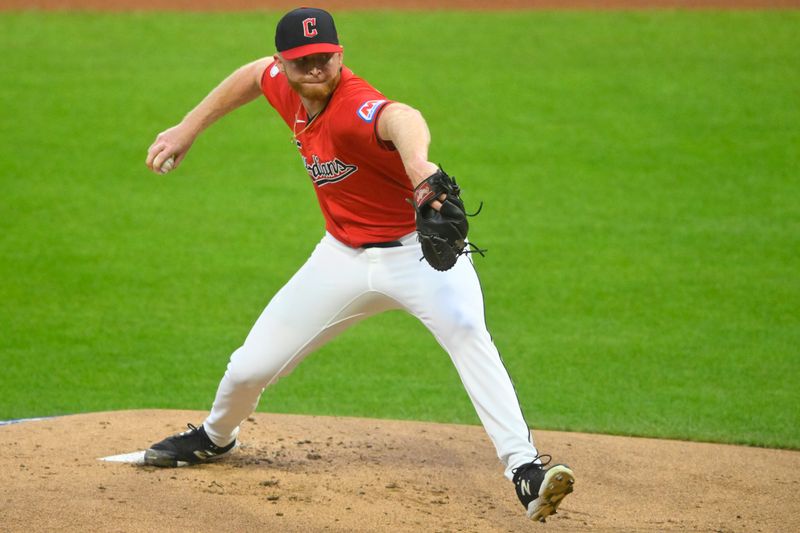 Sep 25, 2024; Cleveland, Ohio, USA; Cleveland Guardians starting pitcher Andrew Walters (63) delivers a pitch in the first inning against the Cincinnati Reds at Progressive Field. Mandatory Credit: David Richard-Imagn Images