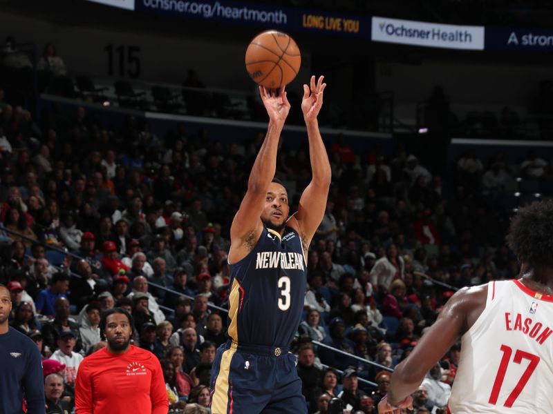 NEW ORLEANS, LA - MARCH 6: CJ McCollum #3 of the New Orleans Pelicans shoots the ball during the game against the Houston Rockets on March 6, 2025 at the Smoothie King Center in New Orleans, Louisiana. NOTE TO USER: User expressly acknowledges and agrees that, by downloading and or using this Photograph, user is consenting to the terms and conditions of the Getty Images License Agreement. Mandatory Copyright Notice: Copyright 2025 NBAE (Photo by Layne Murdoch Jr./NBAE via Getty Images)