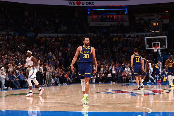 OKLAHOMA CITY, OK - DECEMBER 8: Stephen Curry #30 of the Golden State Warriors celebrates during the game against the Oklahoma City Thunder on December 8, 2023 at Paycom Arena in Oklahoma City, Oklahoma. NOTE TO USER: User expressly acknowledges and agrees that, by downloading and or using this photograph, User is consenting to the terms and conditions of the Getty Images License Agreement. Mandatory Copyright Notice: Copyright 2023 NBAE (Photo by Zach Beeker/NBAE via Getty Images)