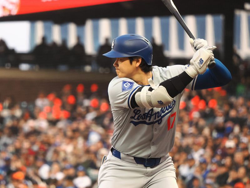 May 14, 2024; San Francisco, California, USA; Los Angeles Dodgers designated hitter Shohei Ohtani (17) at bat before hitting a solo home run against the San Francisco Giants during the fourth inning at Oracle Park. Mandatory Credit: Kelley L Cox-USA TODAY Sports