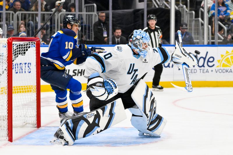Nov 29, 2025; St. Louis, Missouri, USA; Utah Mammoth goaltender Karel Vejmelka (70) defends the net against the St. Louis Blues during the second period  at Enterprise Center. Mandatory Credit: Jeff Curry-Imagn Images
