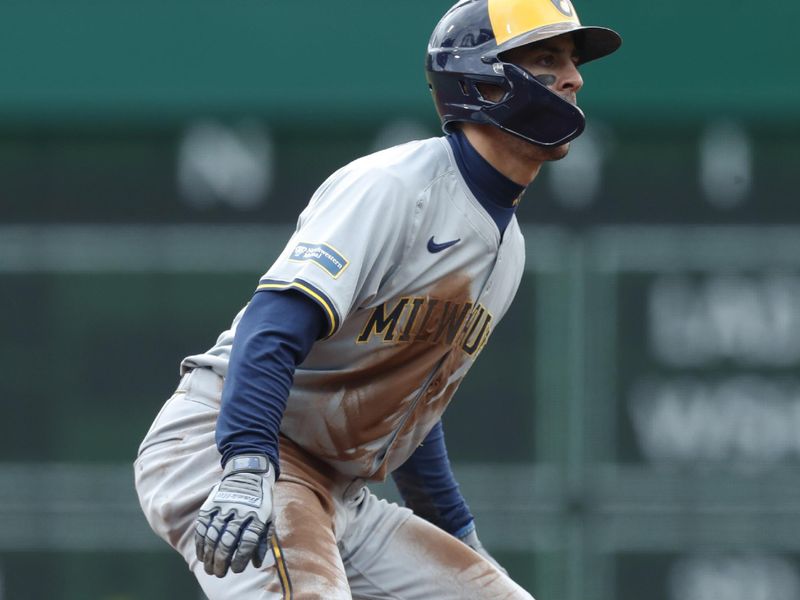 Apr 25, 2024; Pittsburgh, Pennsylvania, USA;  Milwaukee Brewers right fielder Sal Frelick (10) takes a lead off of second base against the Pittsburgh Pirates during the third inning at PNC Park. Mandatory Credit: Charles LeClaire-USA TODAY Sports