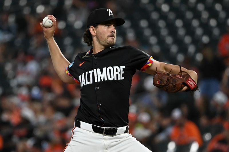 Sep 6, 2024; Baltimore, Maryland, USA;  Baltimore Orioles pitcher Dean Kremer (64) throws a third  inning pitch against the Tampa Bay Rays at Oriole Park at Camden Yards. Mandatory Credit: Tommy Gilligan-Imagn Images