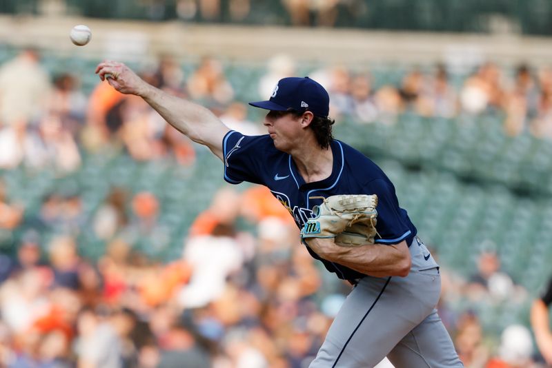 Jul 8, 2025; Detroit, Michigan, USA;  Tampa Bay Rays pitcher Ryan Pepiot (44) pitches in the first inning against the Detroit Tigers at Comerica Park. Mandatory Credit: Rick Osentoski-Imagn Images