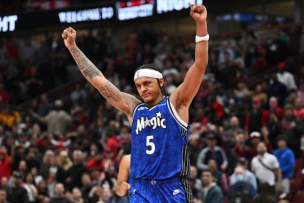 CHICAGO, ILLINOIS - NOVEMBER 15: Paolo Banchero #5 of the Orlando Magic celebrates after making a basket to defeat the Chicago Bulls 96-94 at United Center on November 15, 2023 in Chicago, Illinois. NOTE TO USER: User expressly acknowledges and agrees that, by downloading and or using this photograph, User is consenting to the terms and conditions of the Getty Images License Agreement. (Photo by Jamie Sabau/Getty Images)