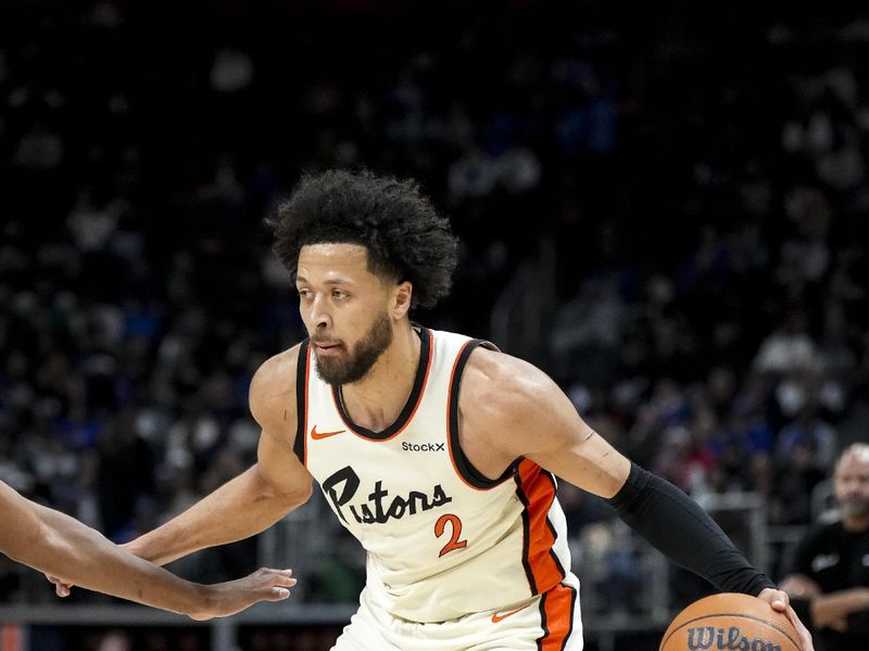 DETROIT, MICHIGAN - JANUARY 09: Cade Cunningham #2 of the Detroit Pistons handles the ball against the Golden State Warriors at Little Caesars Arena on January 09, 2025 in Detroit, Michigan. NOTE TO USER: User expressly acknowledges and agrees that, by downloading and or using this photograph, User is consenting to the terms and conditions of the Getty Images License Agreement. (Photo by Nic Antaya/Getty Images)