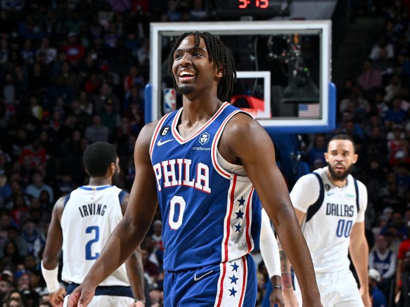 PHILADELPHIA, PA - MARCH 29: Tyrese Maxey #0 of the Philadelphia 76ers looks on during the game against the Dallas Mavericks on March 29, 2023 at the Wells Fargo Center in Philadelphia, Pennsylvania NOTE TO USER: User expressly acknowledges and agrees that, by downloading and/or using this Photograph, user is consenting to the terms and conditions of the Getty Images License Agreement. Mandatory Copyright Notice: Copyright 2023 NBAE (Photo by David Dow/NBAE via Getty Images)