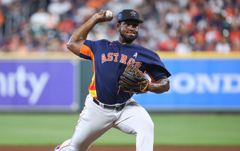 Jun 18, 2023; Houston, Texas, USA; Houston Astros starting pitcher Ronel Blanco (56) delivers a pitch during the fourth inning against the Cincinnati Reds at Minute Maid Park. Mandatory Credit: Troy Taormina-USA TODAY Sports