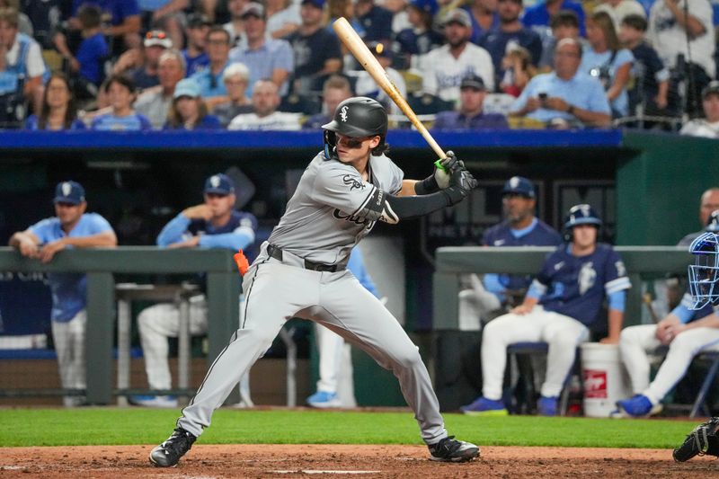 Jul 19, 2024; Kansas City, Missouri, USA; In his Major League debut, Chicago White Sox second baseman Brooks Baldwin (27) bats against the Kansas City Royals in the eighth inning at Kauffman Stadium. Mandatory Credit: Denny Medley-USA TODAY Sports