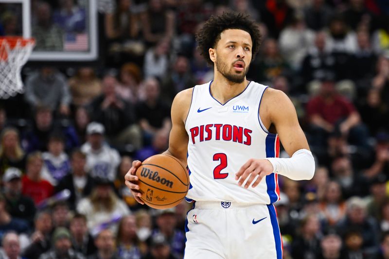 SALT LAKE CITY, UTAH - JANUARY 03: Cade Cunningham #2 of the Detroit Pistons in action during a game against the Utah Jazz at Delta Center on January 03, 2024 in Salt Lake City, Utah. NOTE TO USER: User expressly acknowledges and agrees that, by downloading and or using this photograph, User is consenting to the terms and conditions of the Getty Images License Agreement. (Photo by Alex Goodlett/Getty Images)