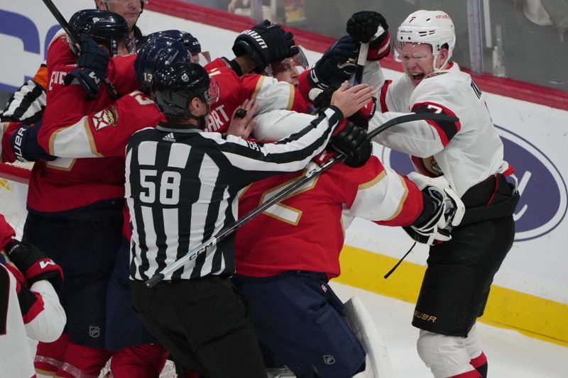 Feb 20, 2024; Sunrise, Florida, USA; Ottawa Senators left wing Brady Tkachuk (7) gets into a fight with Florida Panthers goaltender Sergei Bobrovsky (72) during the third period at Amerant Bank Arena. Mandatory Credit: Jim Rassol-USA TODAY Sports