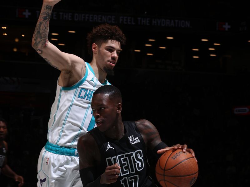 BROOKLYN, NY - NOVEMBER 19: Dennis Schroder #17 of the Brooklyn Nets drives to the basket during the game against the Charlotte Hornets during an Emirates NBA Cup game on November 19, 2024 at Barclays Center in Brooklyn, New York. NOTE TO USER: User expressly acknowledges and agrees that, by downloading and or using this Photograph, user is consenting to the terms and conditions of the Getty Images License Agreement. Mandatory Copyright Notice: Copyright 2024 NBAE (Photo by Nathaniel S. Butler/NBAE via Getty Images)