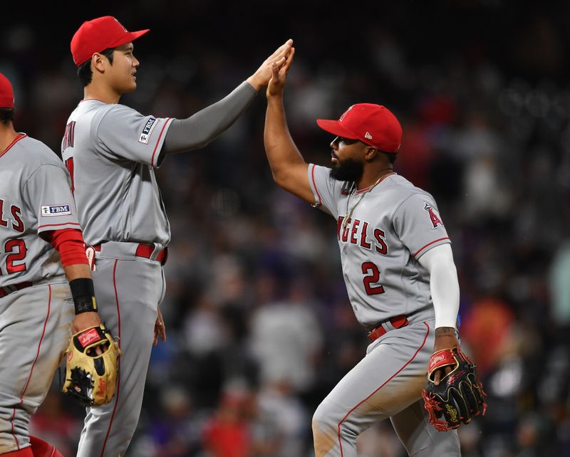 Jun 24, 2023; Denver, Colorado, USA; Los Angeles Angels designated hitter Shohei Ohtani (17) high fives Los Angeles Angels second baseman Luis Rengifo (2) after the win over the Colorado Rockies at Coors Field. Mandatory Credit: John Leyba-USA TODAY Sports