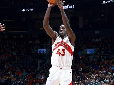 TORONTO, CANADA - OCTOBER 30: Pascal Siakam #43 of the Toronto Raptors shoots the ball during the game against the Portland Trail Blazers on October 23, 2023 at the Scotiabank Arena in Toronto, Ontario, Canada.  NOTE TO USER: User expressly acknowledges and agrees that, by downloading and or using this Photograph, user is consenting to the terms and conditions of the Getty Images License Agreement.  Mandatory Copyright Notice: Copyright 2023 NBAE (Photo by Vaughn Ridley/NBAE via Getty Images)