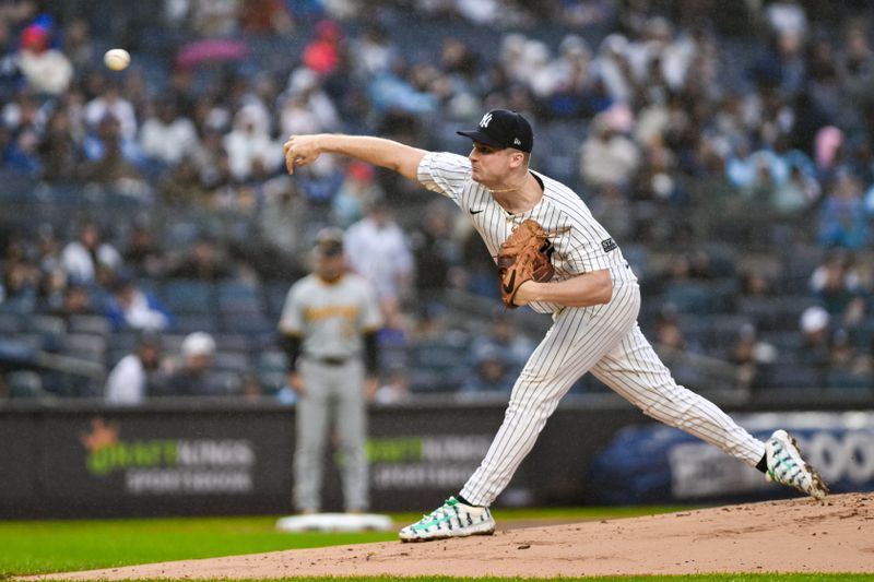 Sep 29, 2024; Bronx, New York, USA; New York Yankees pitcher Clarke Schmidt (36) pitches against the Pittsburgh Pirates during the first inning at Yankee Stadium. Mandatory Credit: John Jones-Imagn Images