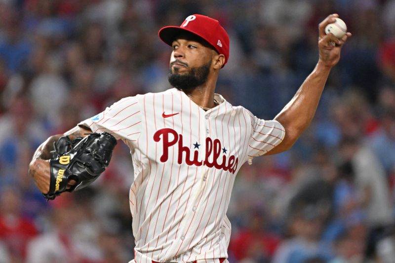 Sep 23, 2025; Philadelphia, Pennsylvania, USA; Philadelphia Phillies pitcher Cristopher Sánchez (61) throws a pitch during the second inning against the Miami Marlins at Citizens Bank Park. Mandatory Credit: Eric Hartline-Imagn Images