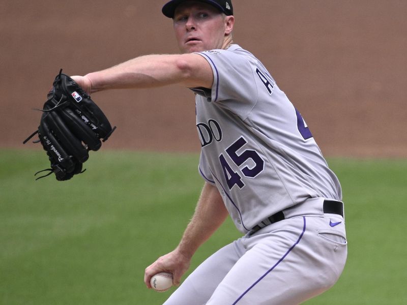 Sep 20, 2023; San Diego, California, USA; Colorado Rockies starting pitcher Chase Anderson (45) throws a pitch against the San Diego Padres during the first inning at Petco Park. Mandatory Credit: Orlando Ramirez-USA TODAY Sports