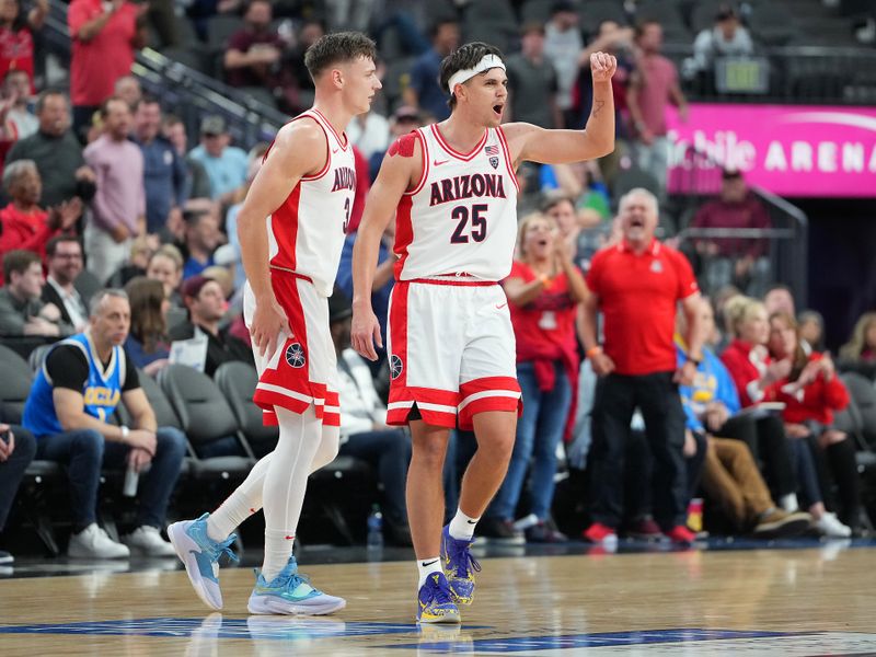 Mar 10, 2023; Las Vegas, NV, USA; Arizona Wildcats guard Kerr Kriisa (25) celebrates after a scoring play against the Arizona State Sun Devils during the second half at T-Mobile Arena. Mandatory Credit: Stephen R. Sylvanie-USA TODAY Sports