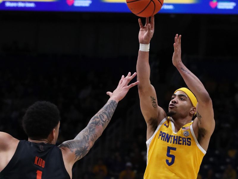 Feb 15, 2025; Pittsburgh, Pennsylvania, USA; Pittsburgh Panthers guard Ishmael Leggett (5) shoots against Miami (Fl) Hurricanes center Lynn Kidd (1) during the second half at the Petersen Events Center. Mandatory Credit: Charles LeClaire-Imagn Images