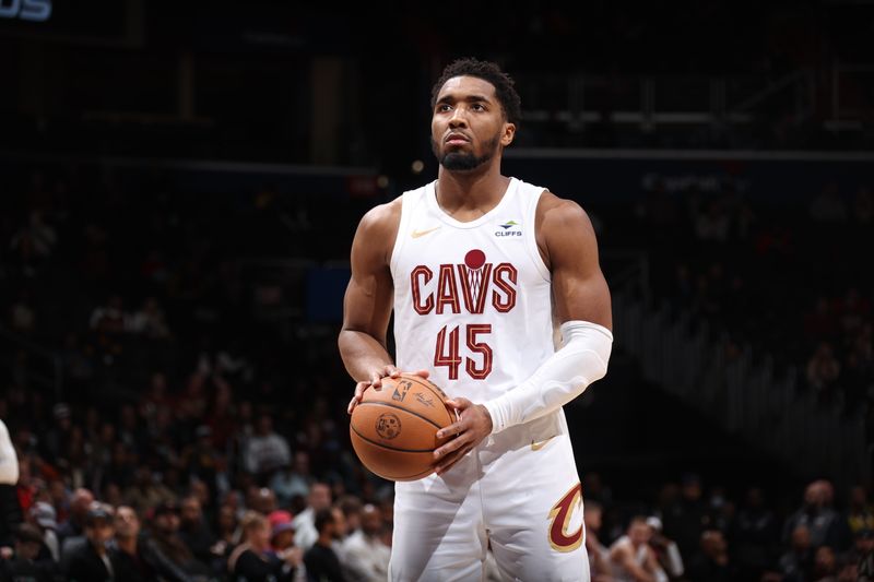 WASHINGTON, DC -? FEBRUARY 7: Donovan Mitchell #45 of the Cleveland Cavaliers prepares to shoot a free throw during the game against the Washington Wizards on February 7, 2024 at Capital One Arena in Washington, DC. NOTE TO USER: User expressly acknowledges and agrees that, by downloading and or using this Photograph, user is consenting to the terms and conditions of the Getty Images License Agreement. Mandatory Copyright Notice: Copyright 2024 NBAE (Photo by Stephen Gosling/NBAE via Getty Images)