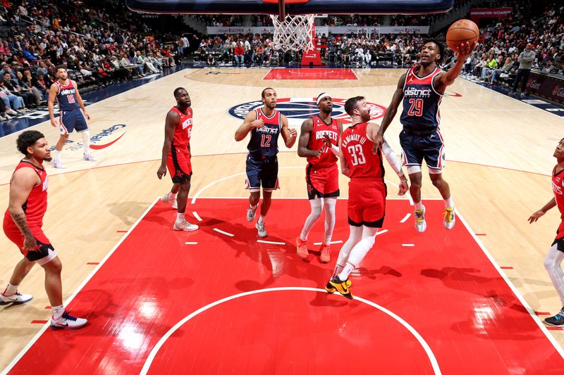 WASHINGTON, DC -? APRIL 9: Quenton Jackson #29 of the Washington Wizards drives to the basket against the Houston Rockets on April 9, 2023 at Capital One Arena in Washington, DC. NOTE TO USER: User expressly acknowledges and agrees that, by downloading and or using this Photograph, user is consenting to the terms and conditions of the Getty Images License Agreement. Mandatory Copyright Notice: Copyright 2023 NBAE (Photo by Stephen Gosling/NBAE via Getty Images)