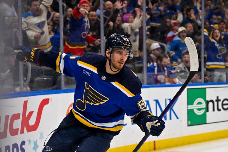 Feb 22, 2024; St. Louis, Missouri, USA;  St. Louis Blues left wing Pavel Buchnevich (89) reacts after scoring against the New York Islanders during the second period at Enterprise Center. Mandatory Credit: Jeff Curry-USA TODAY Sports